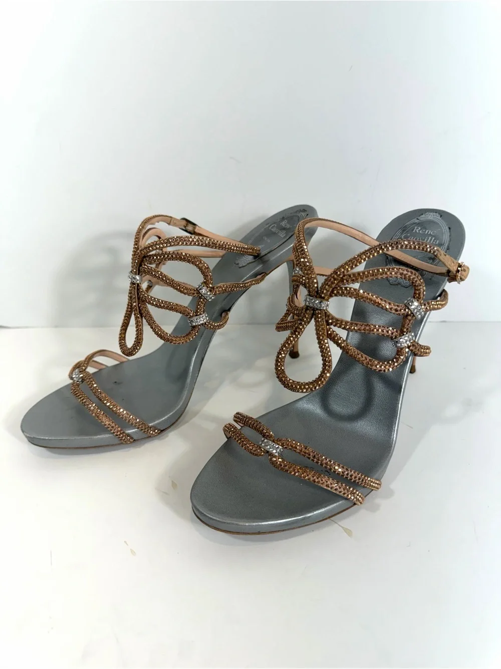 René Caovilla Crystal Butterfly Sandals 40.5 Rose Gold Gray Stiletto Heels Made